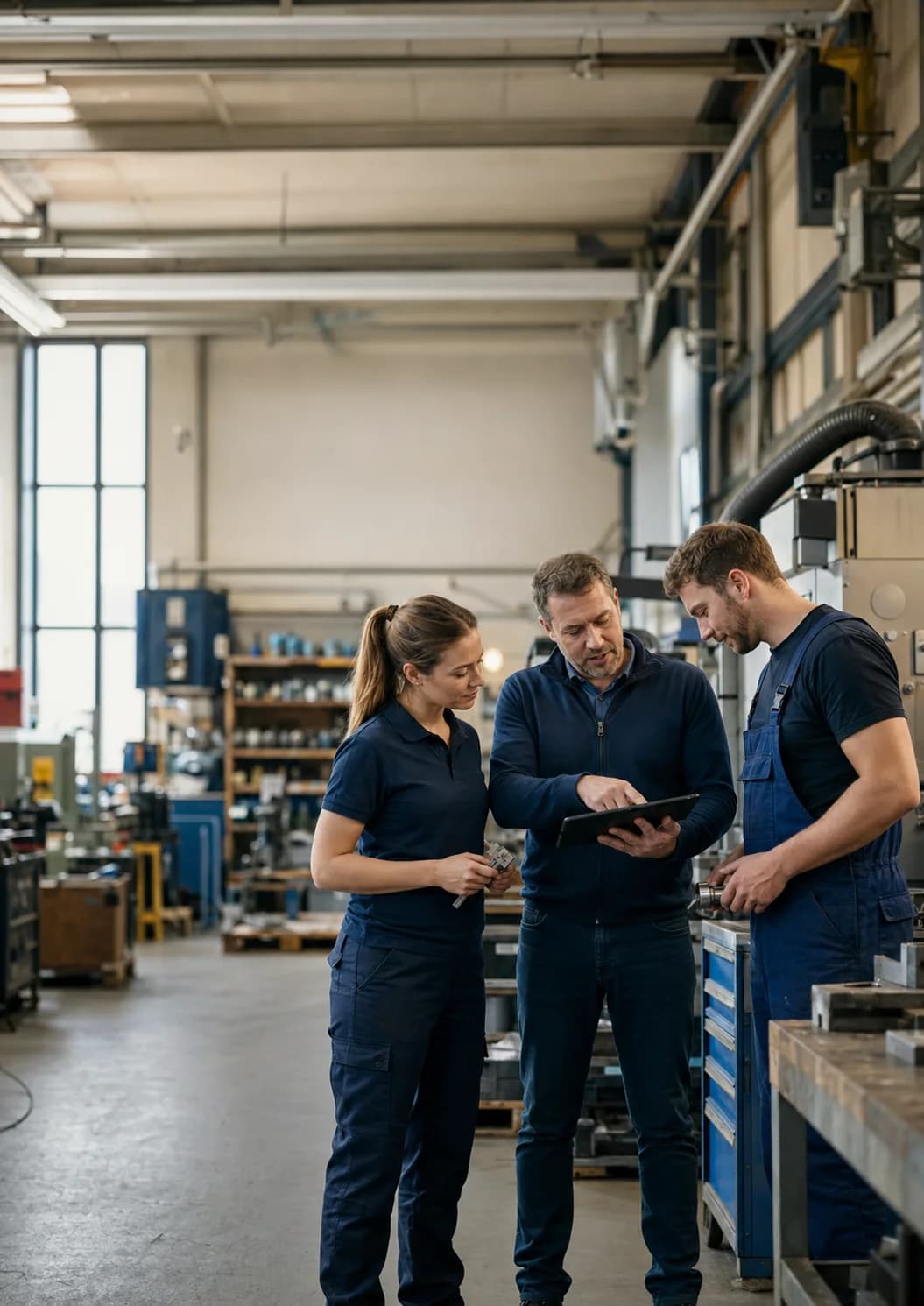 Ein gemischtes Team bespricht einen konkreten Arbeitsvorgang in der Werkhalle