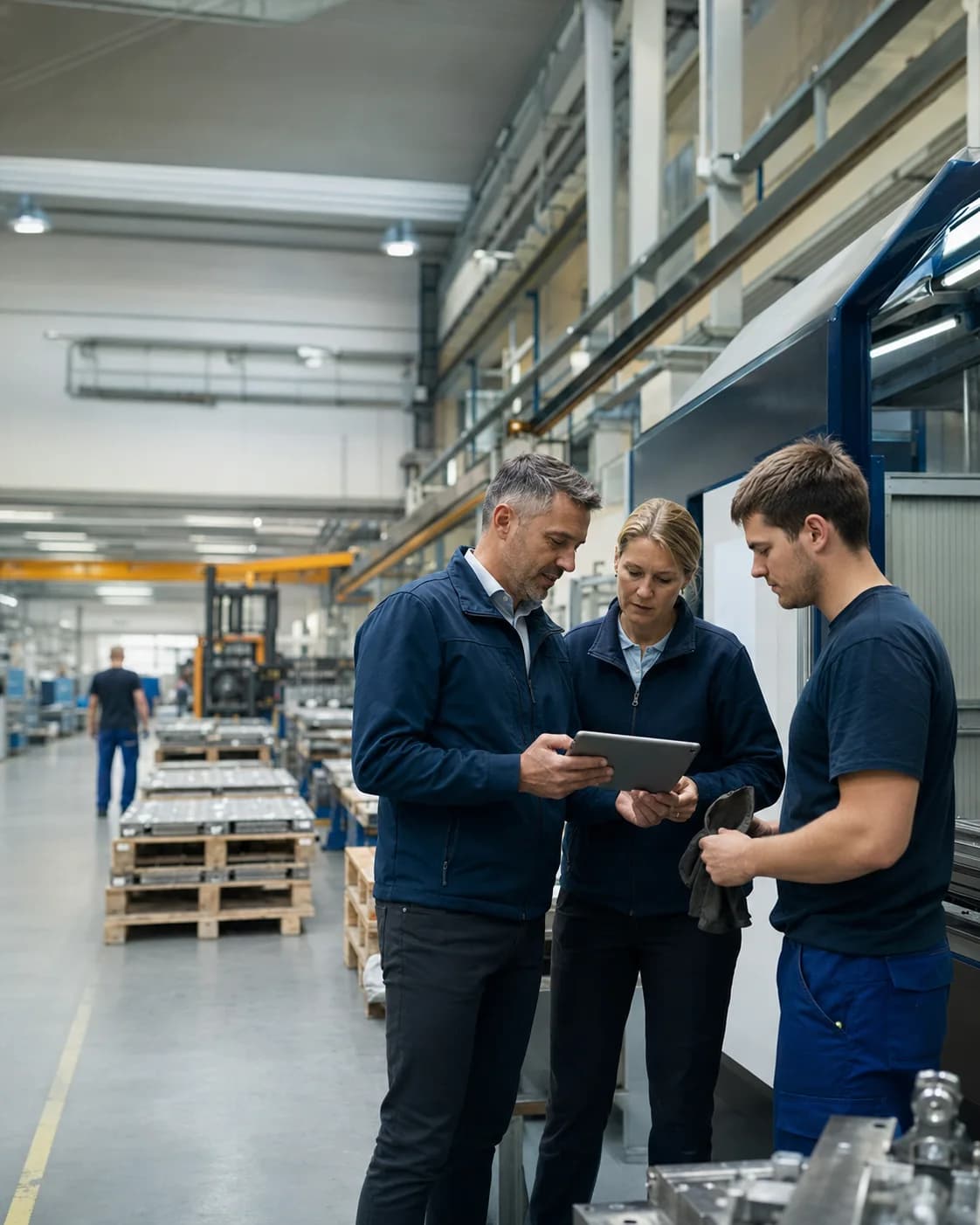 Drei Fachkräfte prüfen gemeinsam Informationen direkt in der Produktion