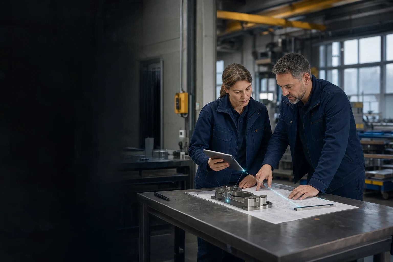 Zwei Fachkräfte prüfen in einer Werkhalle gemeinsam einen Arbeitsstand an einem Bauteil und einem Tablet