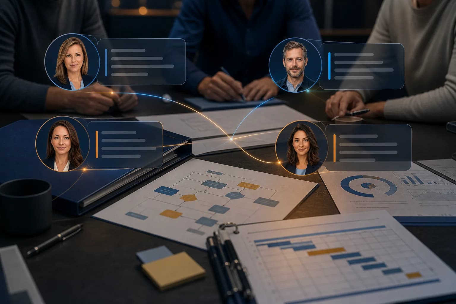 Konzeptmotiv mit den vier digitalen Mitarbeitenden Lina, Enno, Clara und Mira als Chat-Avatare über einem gemeinsamen Arbeitsstand