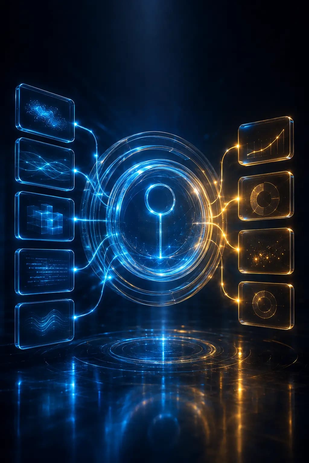Leuchtendes digitales System aus blauen und goldenen Arbeitsmodulen